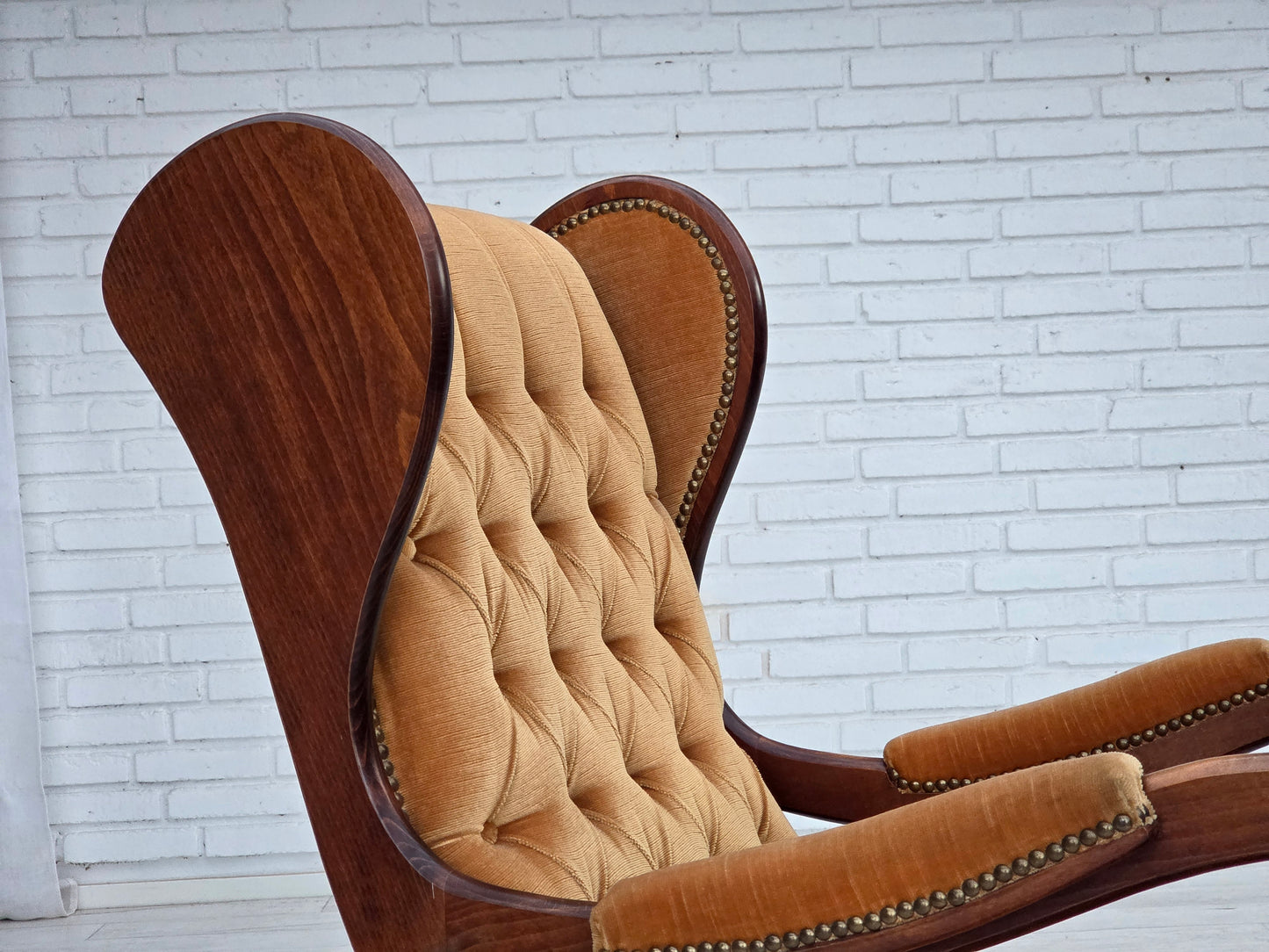 1960s, Scandinavian rocking chair, furniture velour, dark beech wood.