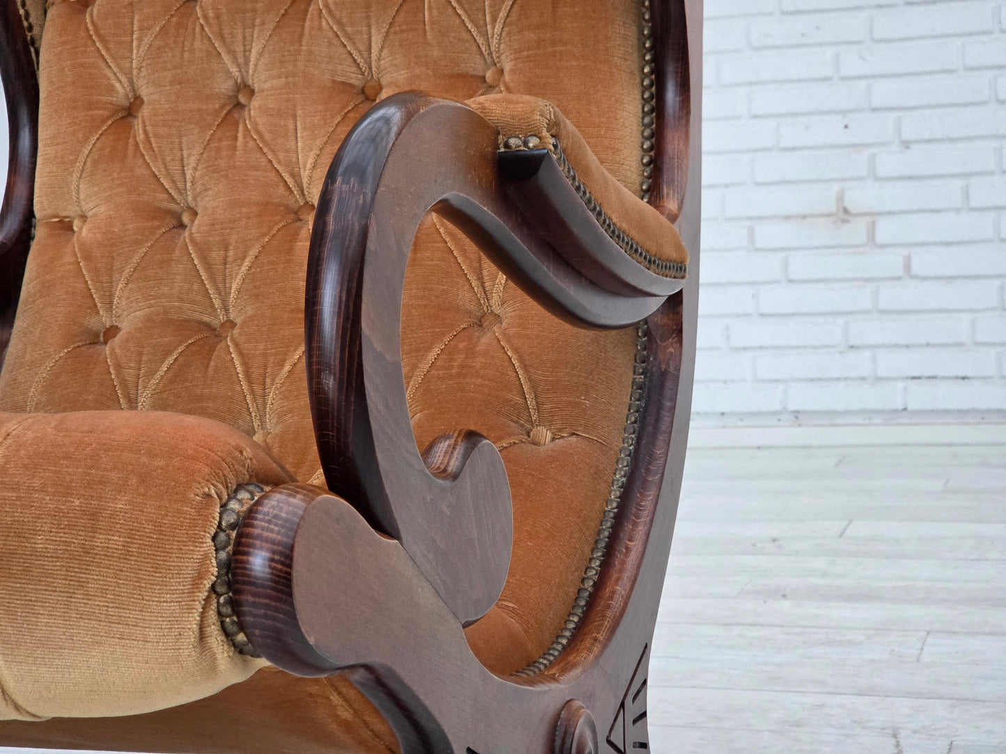 1960s, Scandinavian rocking chair, furniture velour, dark beech wood.