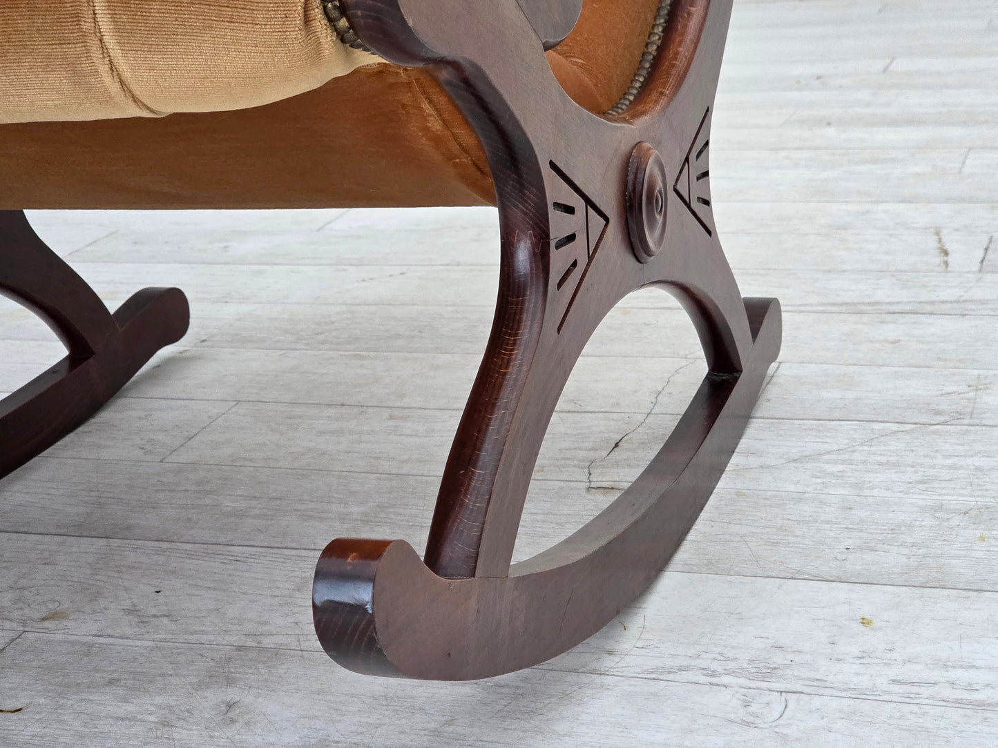 1960s, Scandinavian rocking chair, furniture velour, dark beech wood.