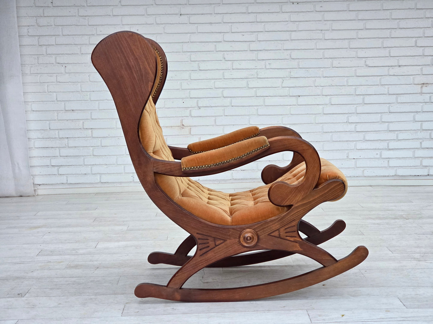 1960s, Scandinavian rocking chair, furniture velour, dark beech wood.