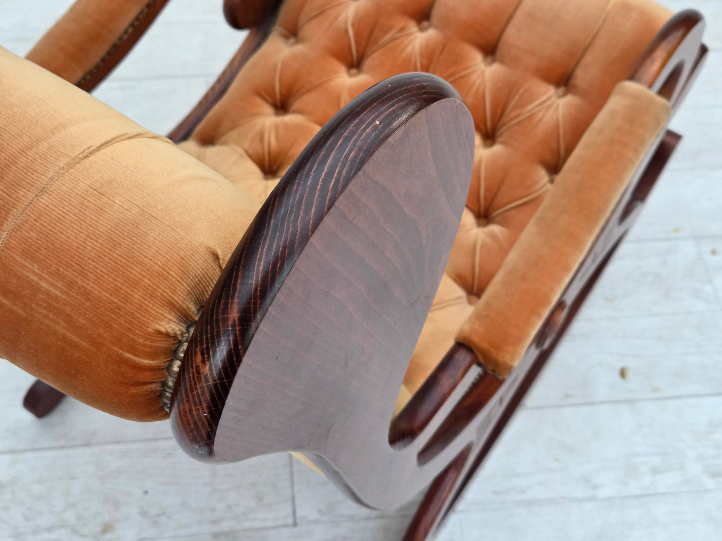 1960s, Scandinavian rocking chair, furniture velour, dark beech wood.