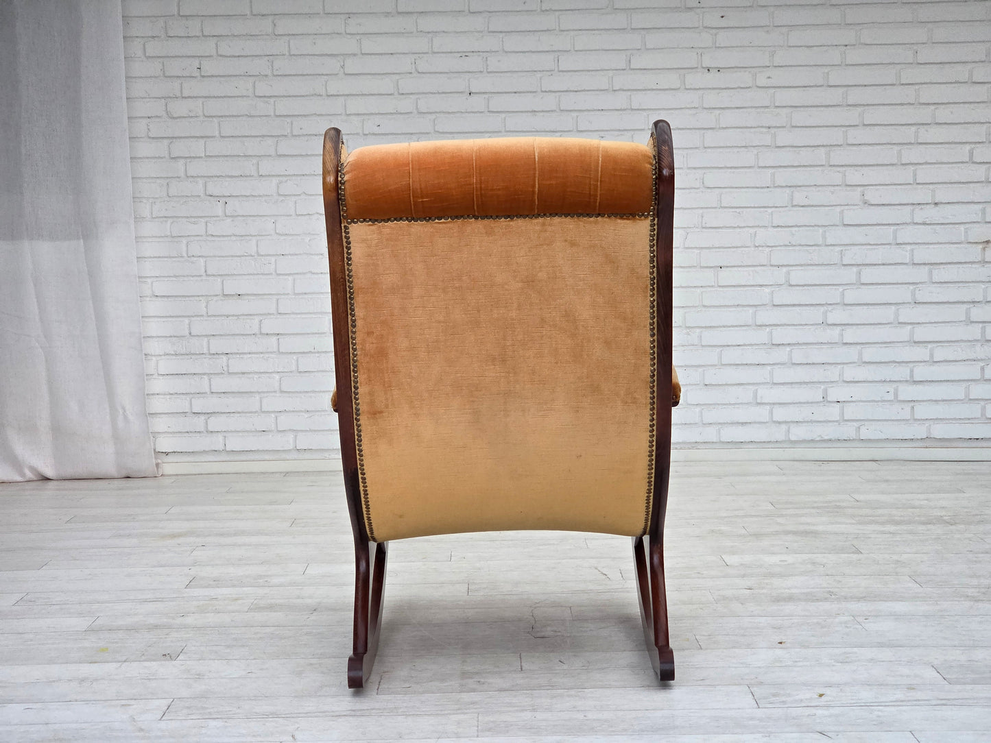 1960s, Scandinavian rocking chair, furniture velour, dark beech wood.