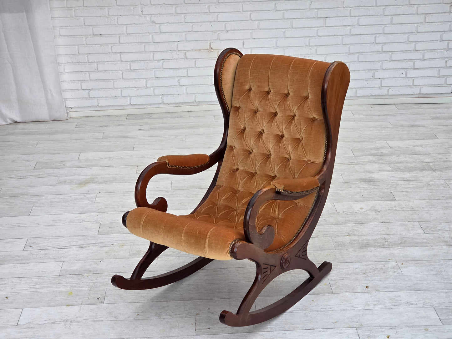 1960s, Scandinavian rocking chair, furniture velour, dark beech wood.