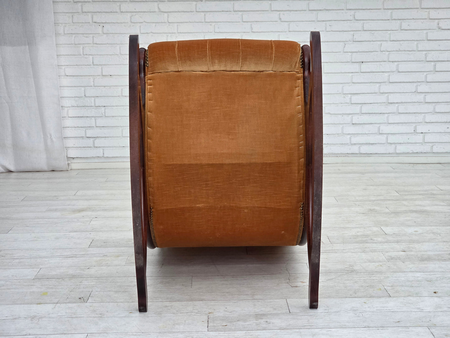 1960s, Scandinavian rocking chair, furniture velour, dark beech wood.