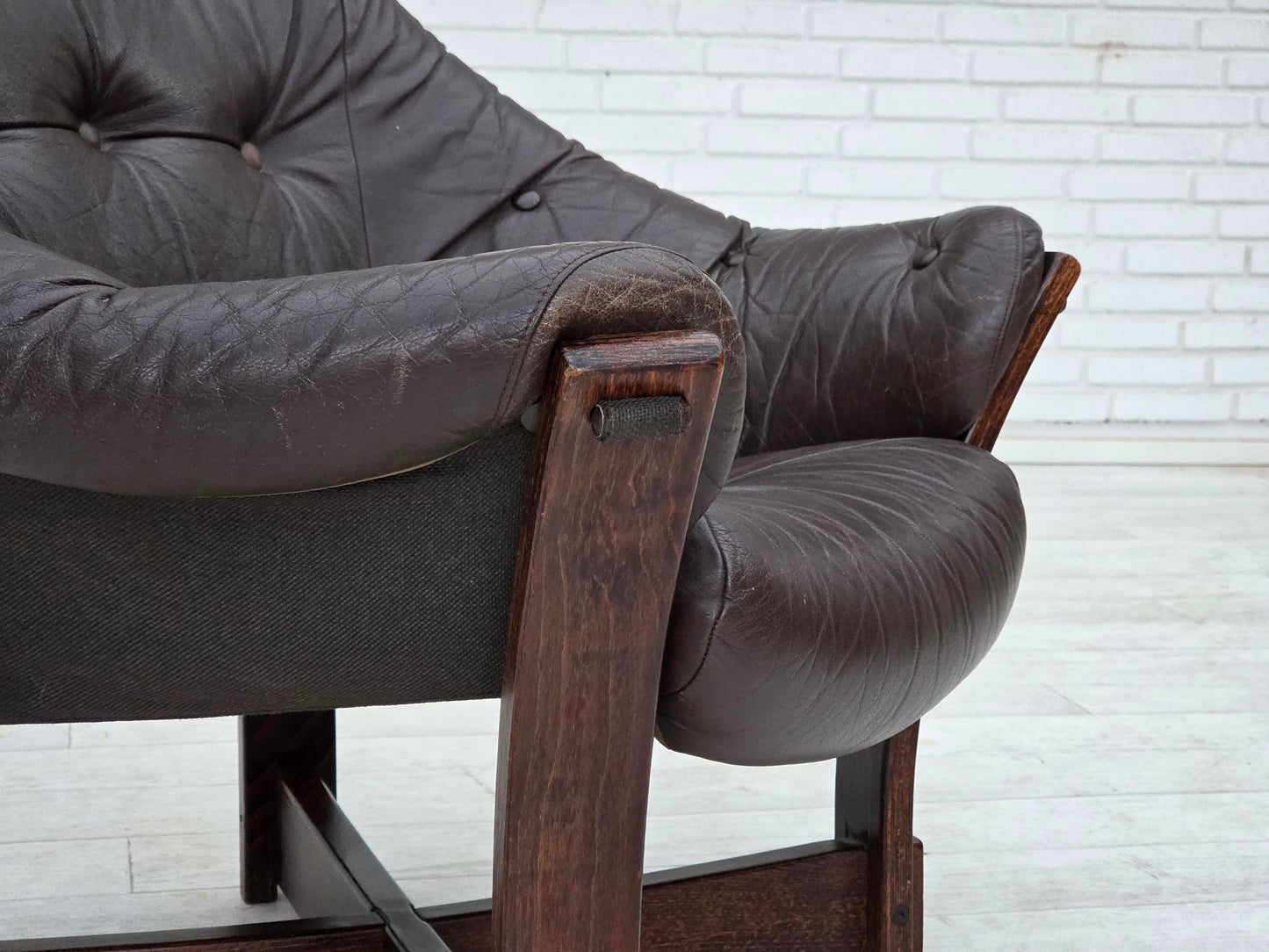 1970s, Scandinavian lounge chair, furniture leather, oak wood.