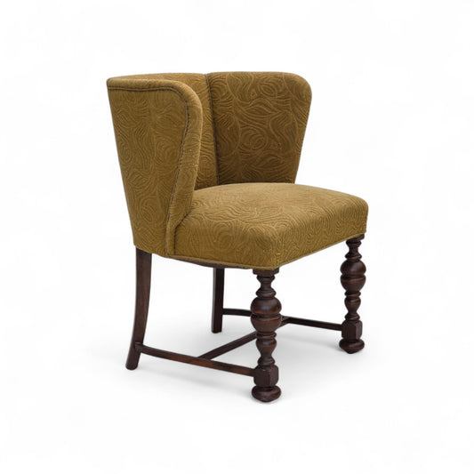 1950s, Danish lounge chair, green furniture velour/wool, dark oak wood.