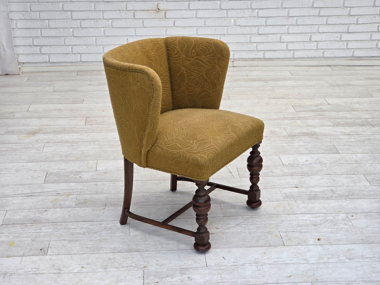 1950s, Danish lounge chair, green furniture velour/wool, dark oak wood.
