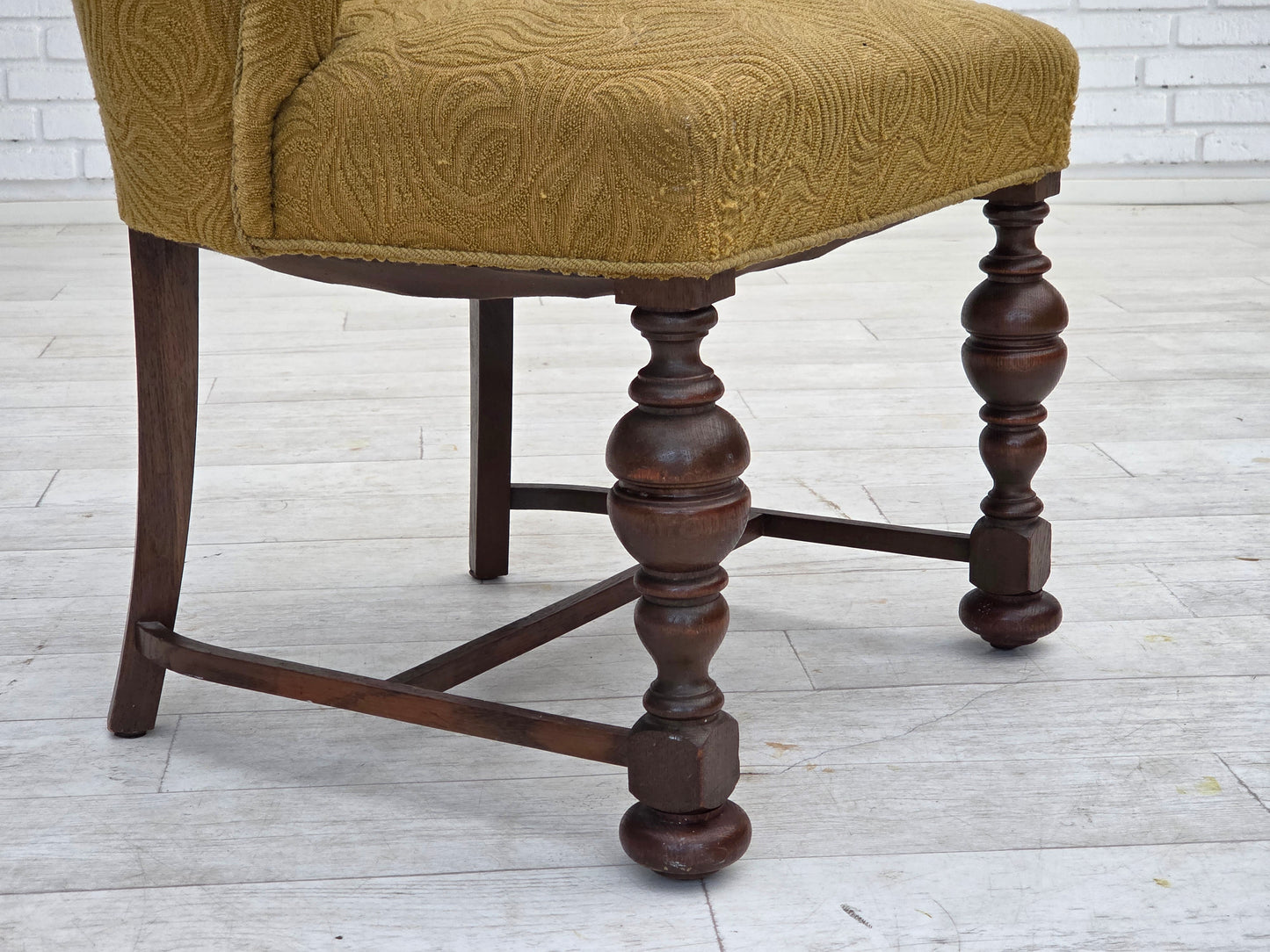 1950s, Danish lounge chair, green furniture velour/wool, dark oak wood.