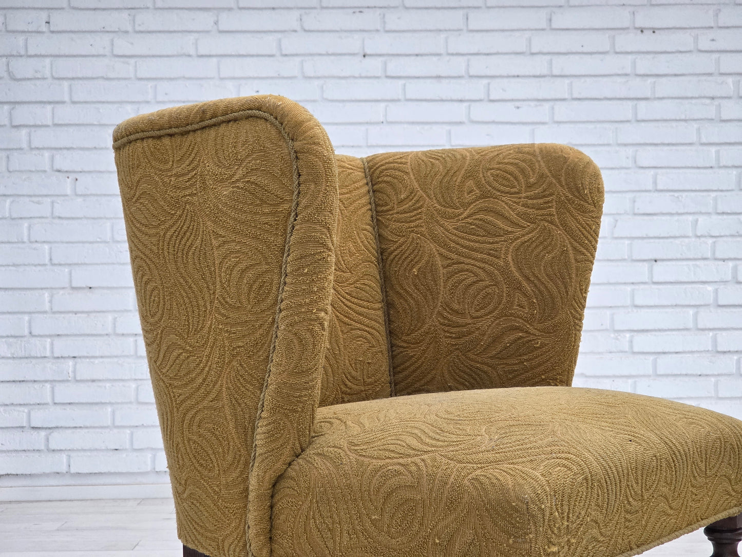 1950s, Danish lounge chair, green furniture velour/wool, dark oak wood.