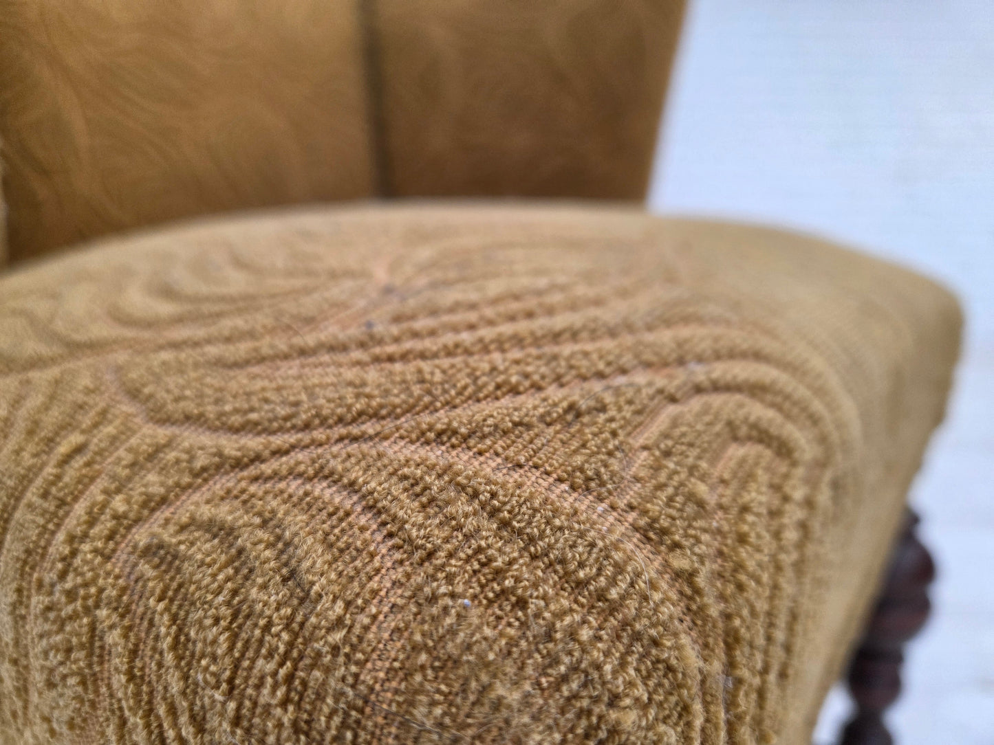 1950s, Danish lounge chair, green furniture velour/wool, dark oak wood.