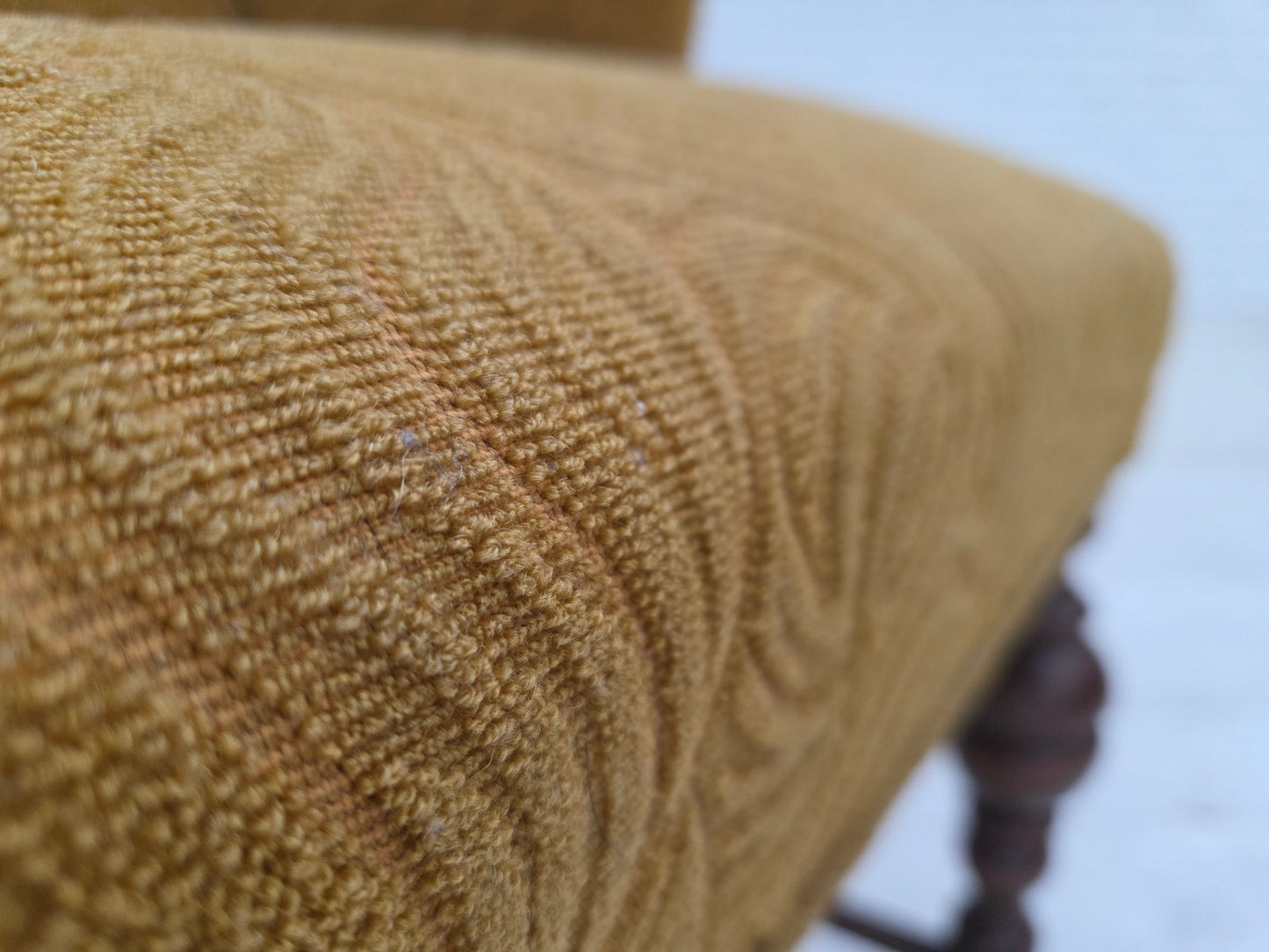 1950s, Danish lounge chair, green furniture velour/wool, dark oak wood.