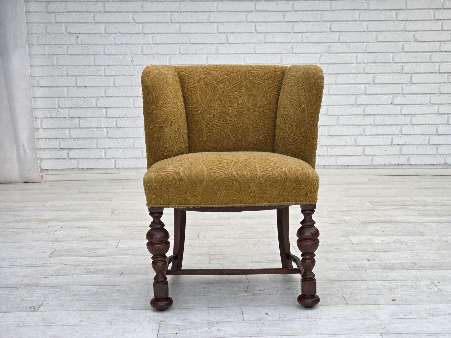 1950s, Danish lounge chair, green furniture velour/wool, dark oak wood.