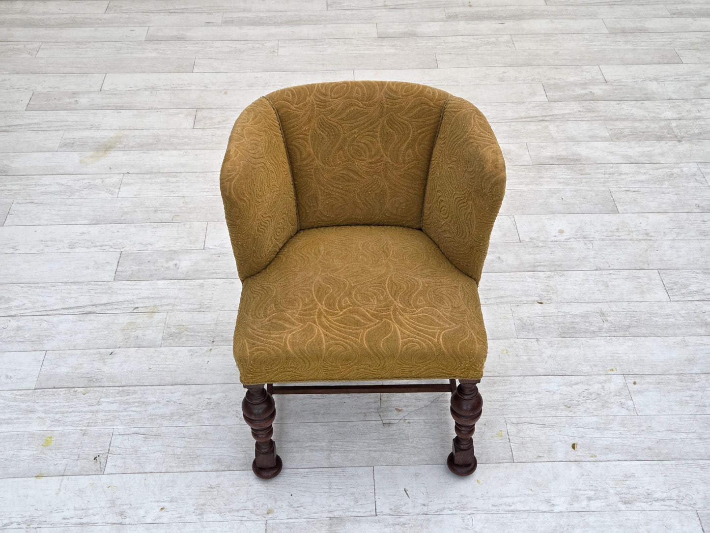 1950s, Danish lounge chair, green furniture velour/wool, dark oak wood.