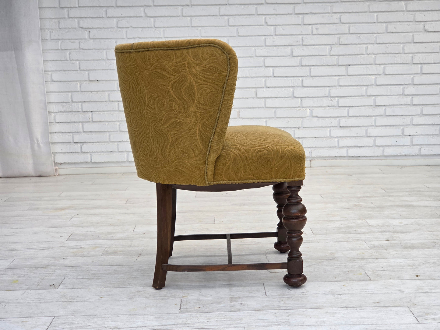 1950s, Danish lounge chair, green furniture velour/wool, dark oak wood.