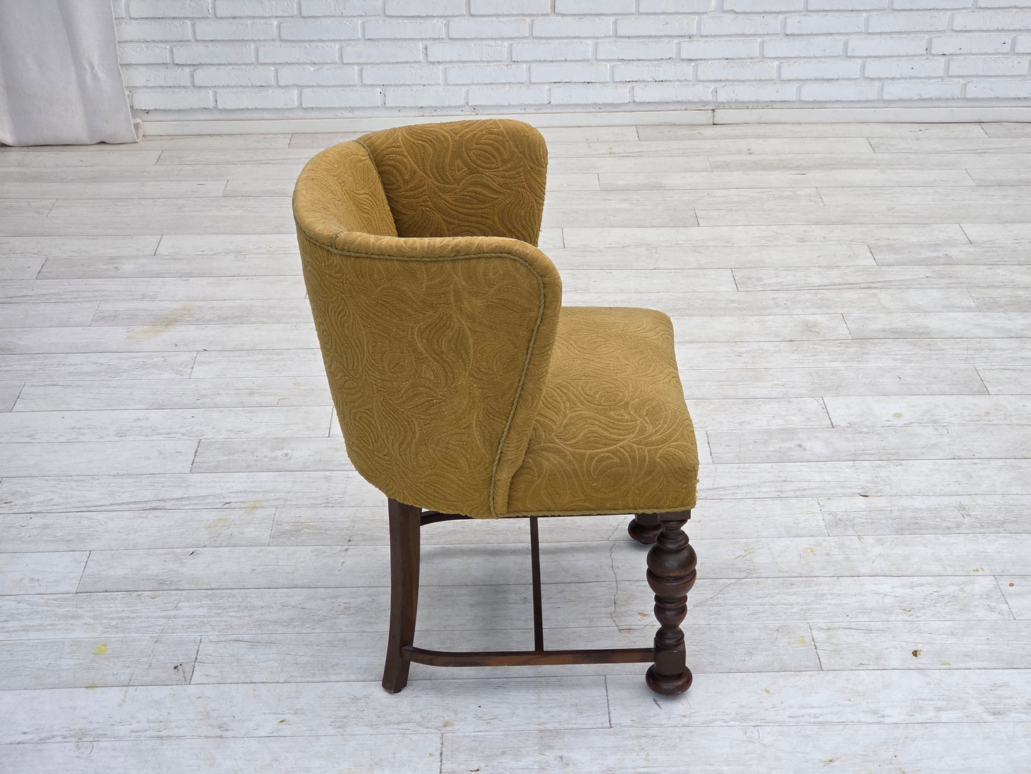 1950s, Danish lounge chair, green furniture velour/wool, dark oak wood.