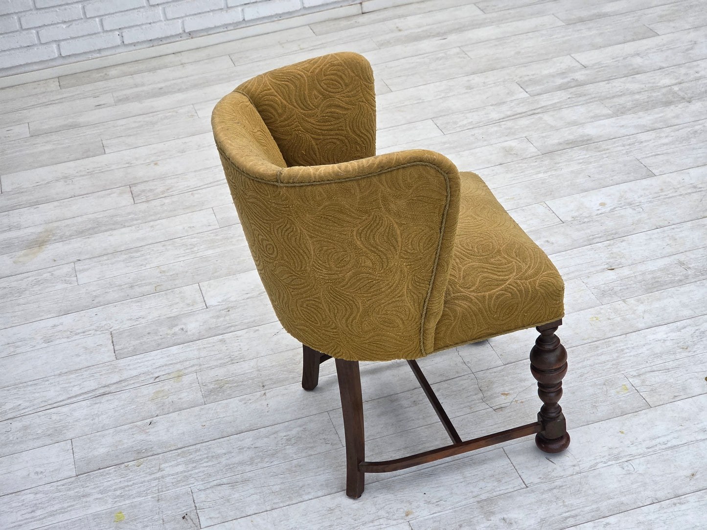 1950s, Danish lounge chair, green furniture velour/wool, dark oak wood.