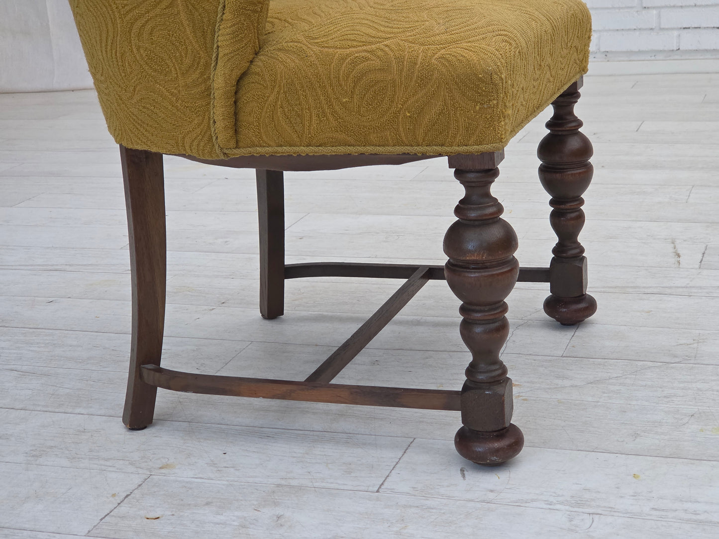 1950s, Danish lounge chair, green furniture velour/wool, dark oak wood.