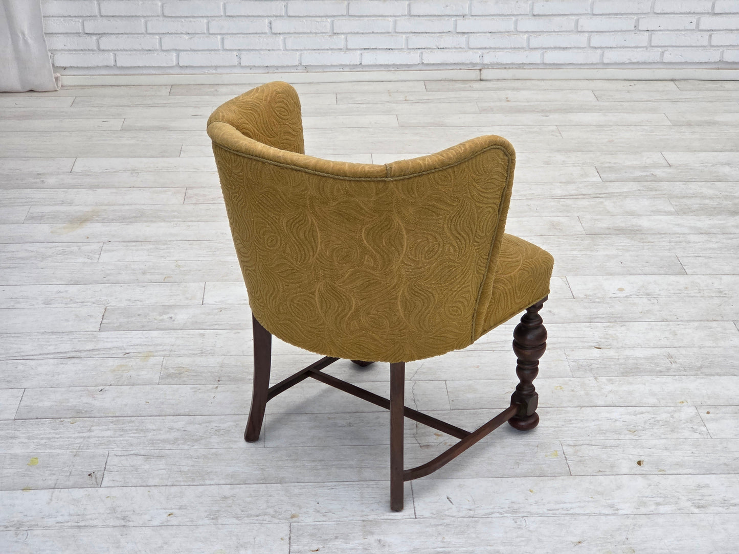 1950s, Danish lounge chair, green furniture velour/wool, dark oak wood.