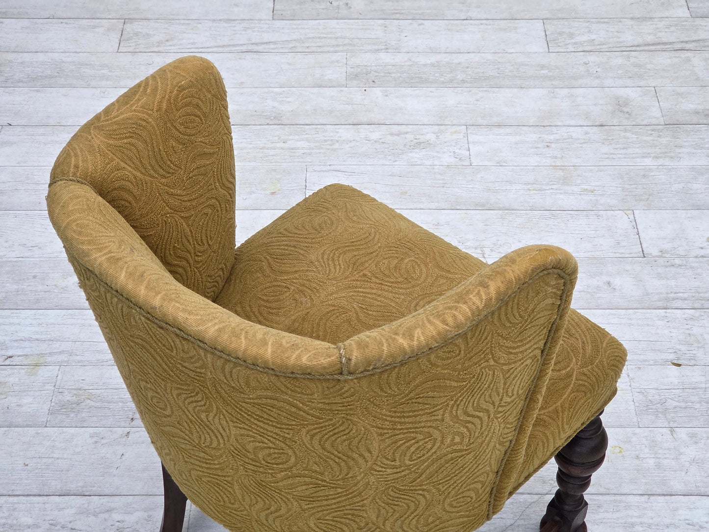 1950s, Danish lounge chair, green furniture velour/wool, dark oak wood.
