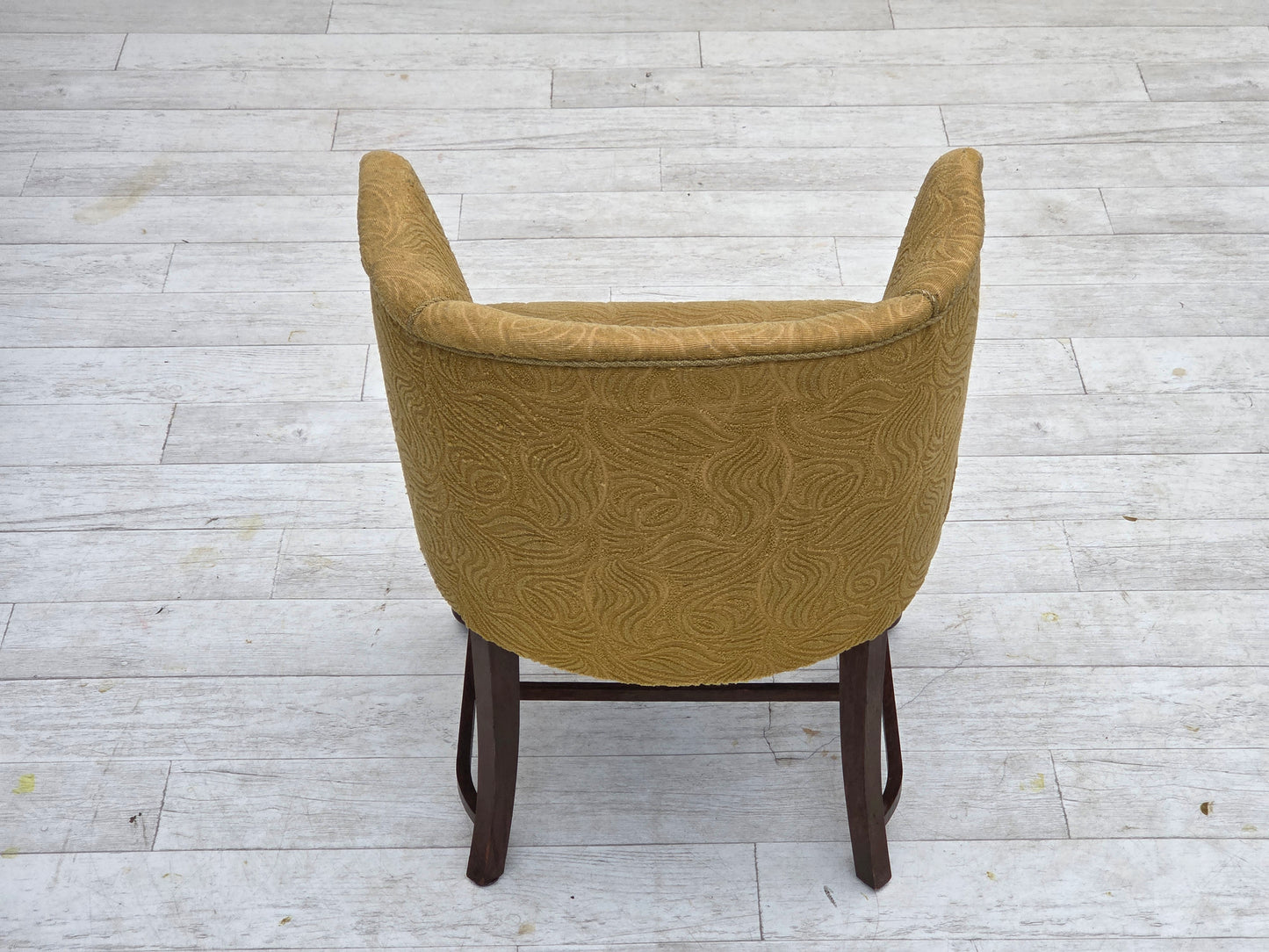 1950s, Danish lounge chair, green furniture velour/wool, dark oak wood.