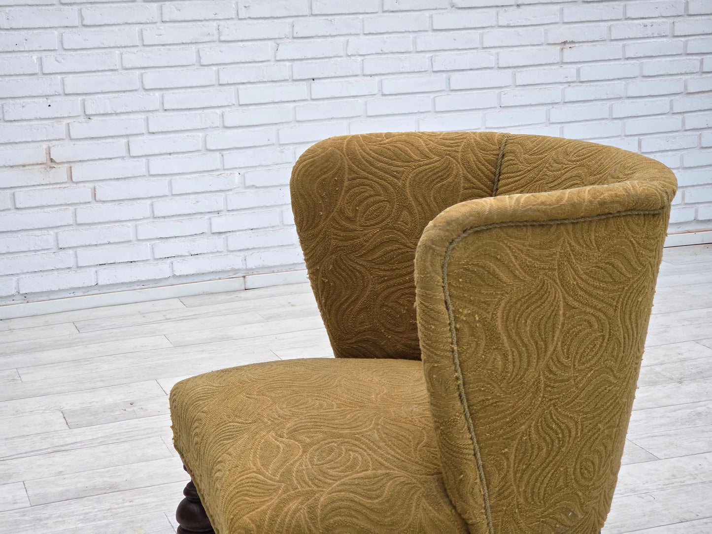 1950s, Danish lounge chair, green furniture velour/wool, dark oak wood.