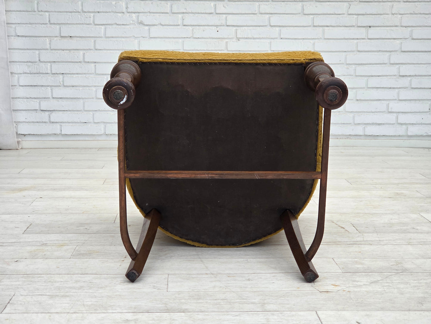 1950s, Danish lounge chair, green furniture velour/wool, dark oak wood.