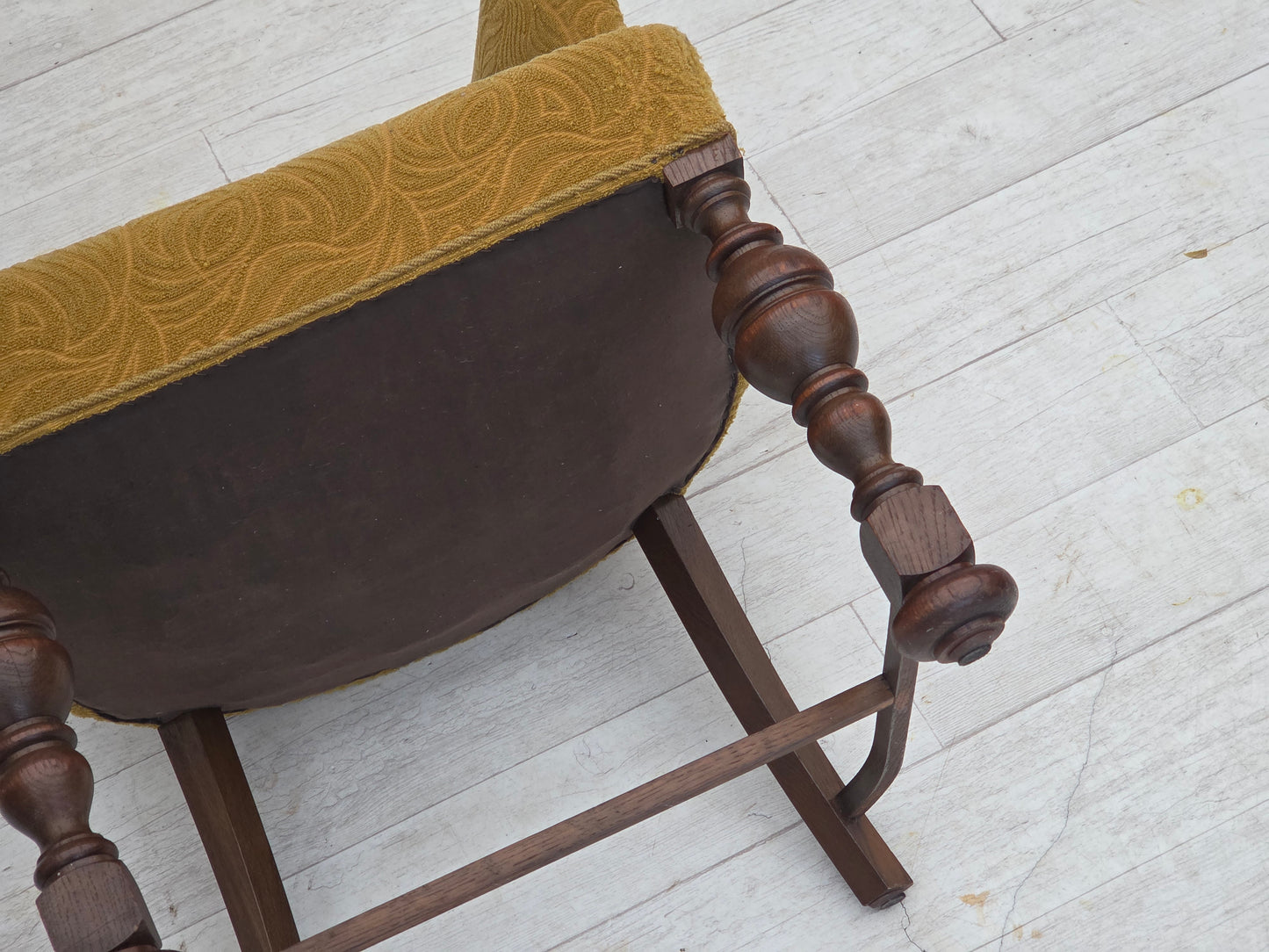 1950s, Danish lounge chair, green furniture velour/wool, dark oak wood.