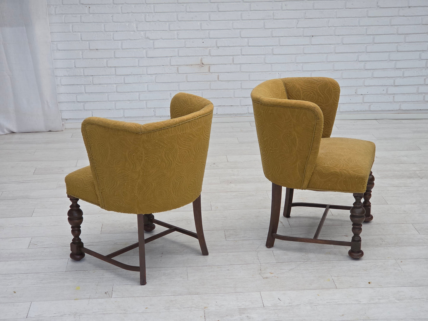 1950s, Danish lounge chair, green furniture velour/wool, dark oak wood.