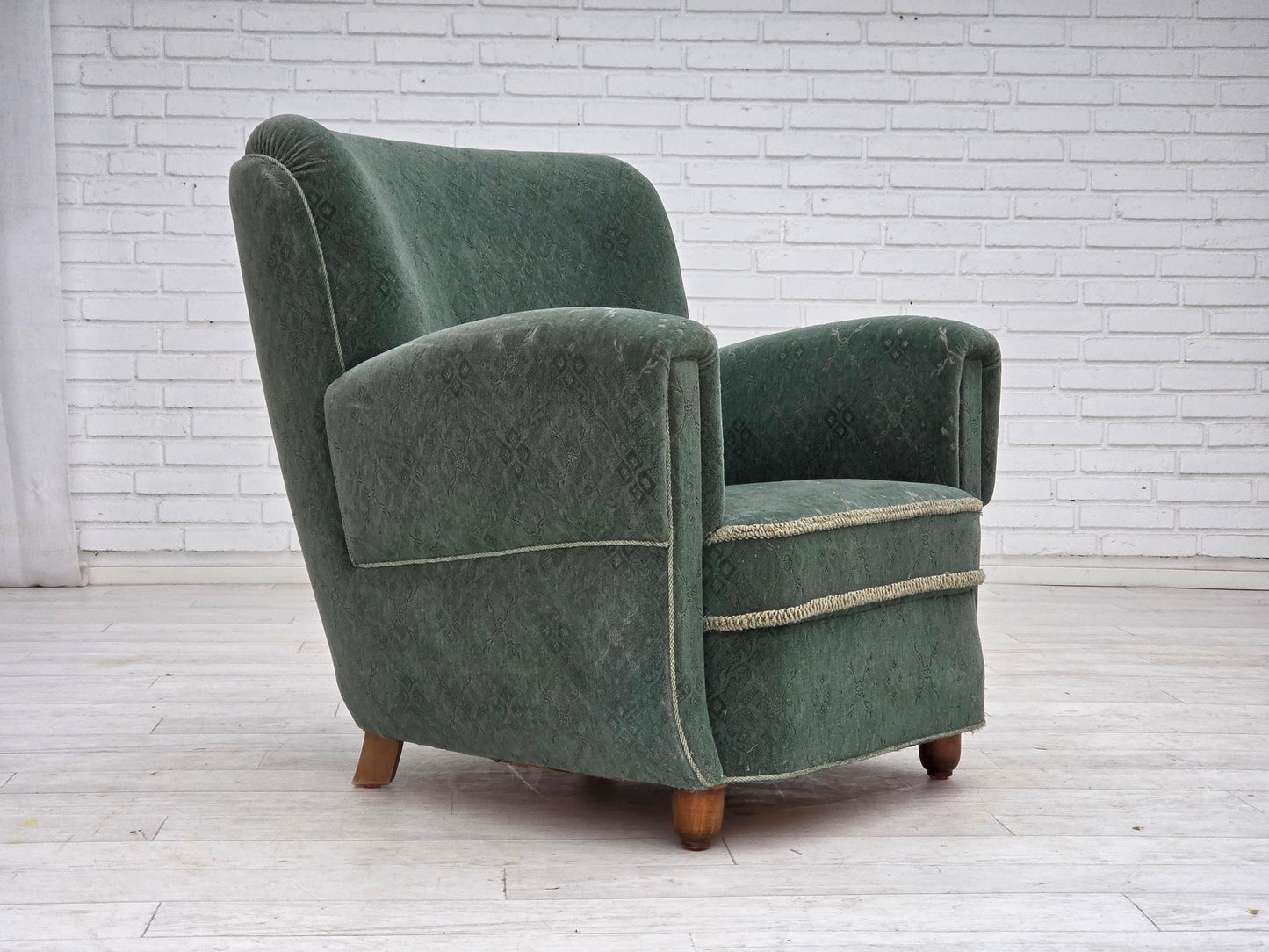 1960s, Danish armchair, light green furniture wool, oak wood legs.
