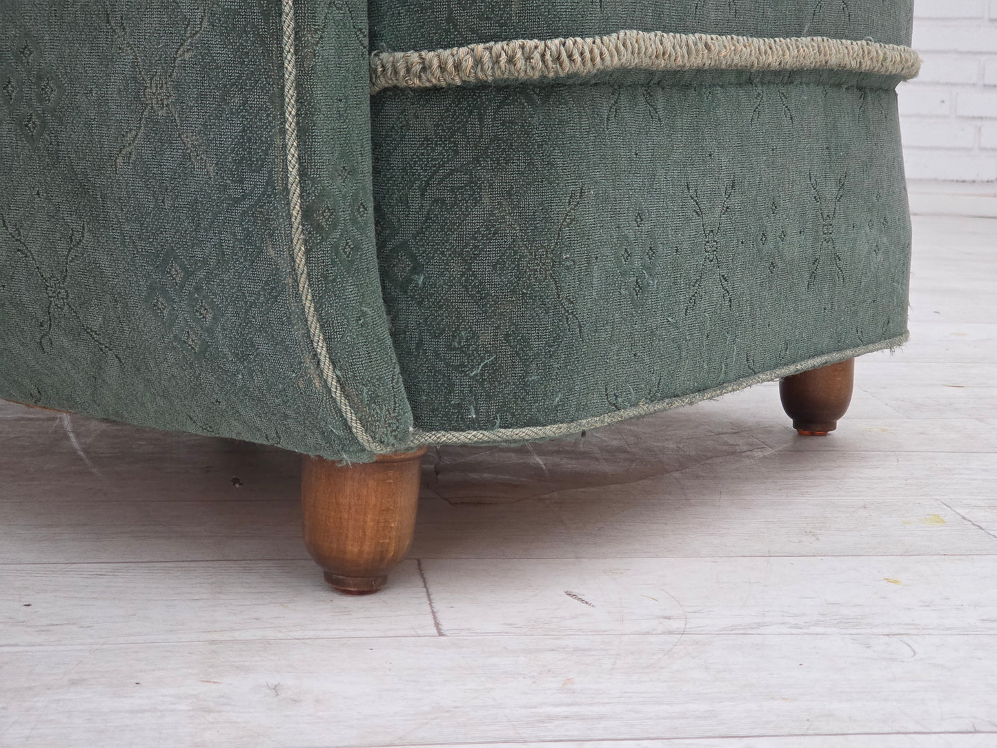 1960s, Danish armchair, light green furniture wool, oak wood legs.