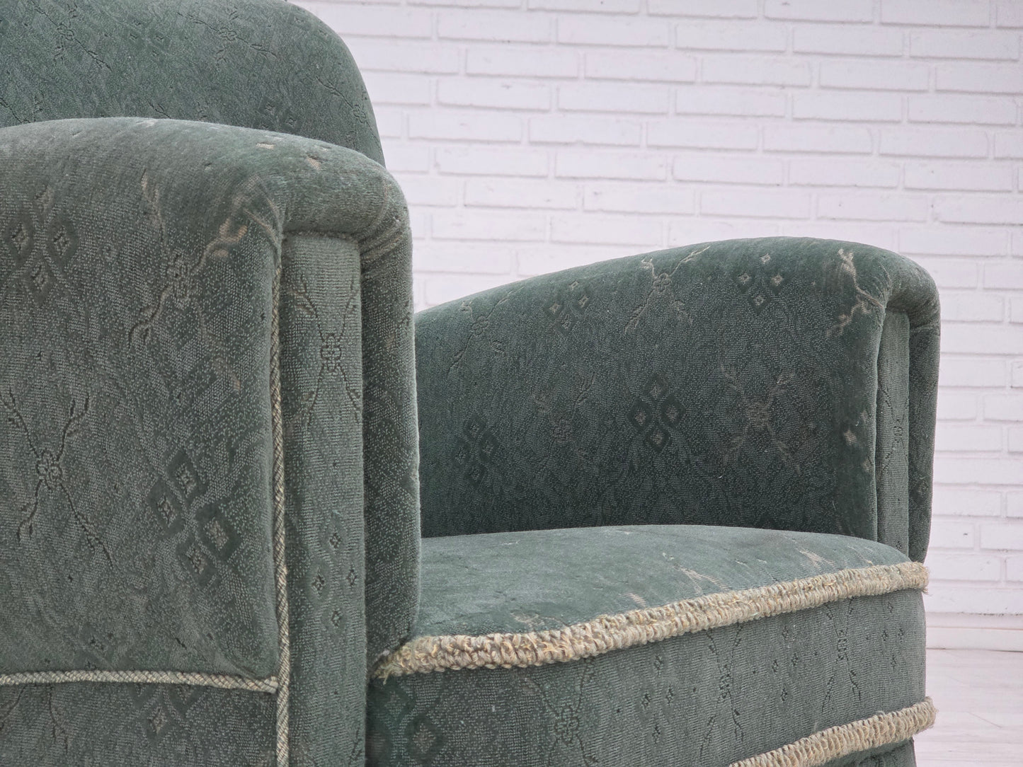 1960s, Danish armchair, light green furniture wool, oak wood legs.