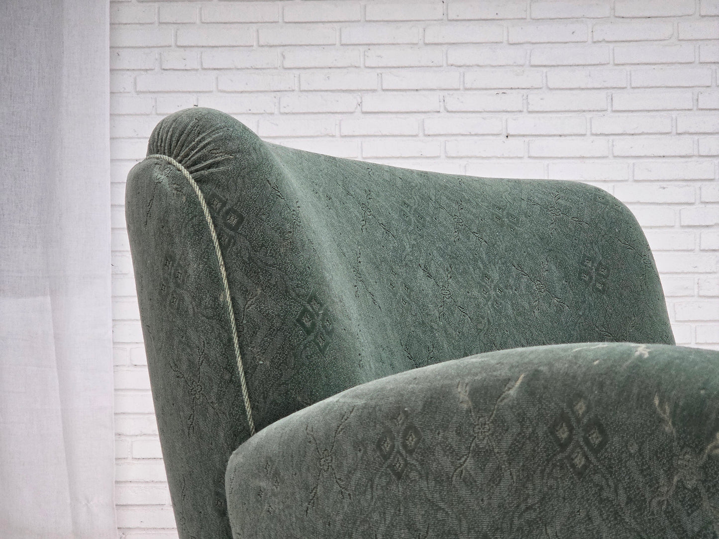 1960s, Danish armchair, light green furniture wool, oak wood legs.