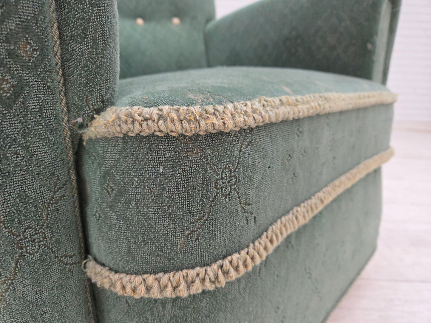 1960s, Danish armchair, light green furniture wool, oak wood legs.