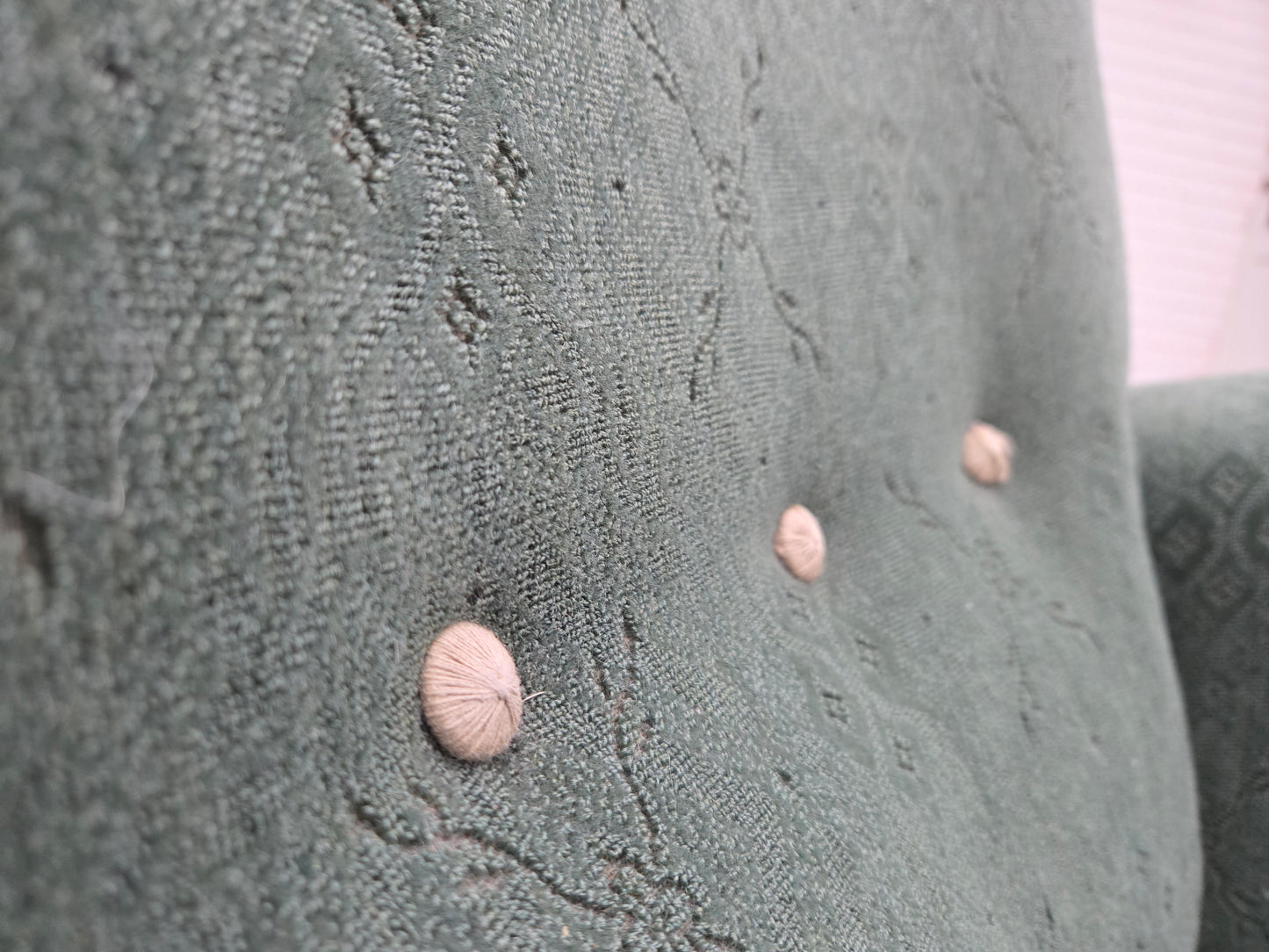 1960s, Danish armchair, light green furniture wool, oak wood legs.
