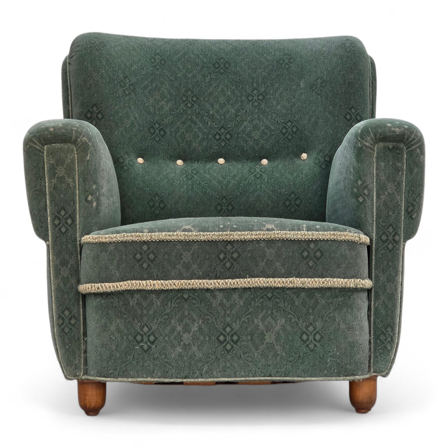 1960s, Danish armchair, light green furniture wool, oak wood legs.