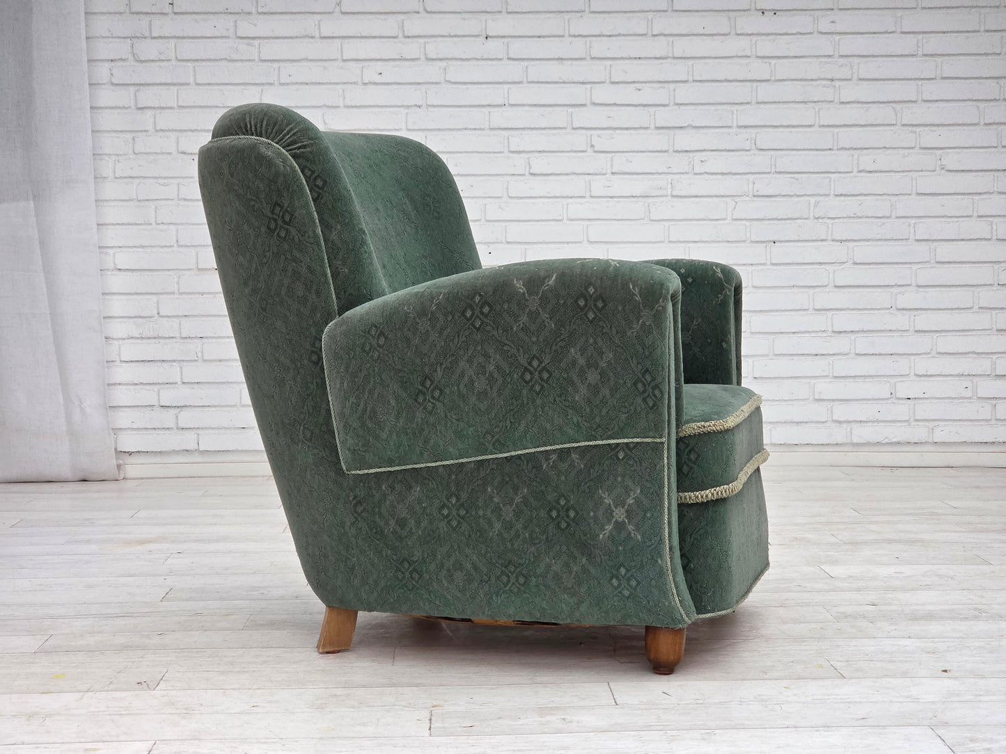 1960s, Danish armchair, light green furniture wool, oak wood legs.
