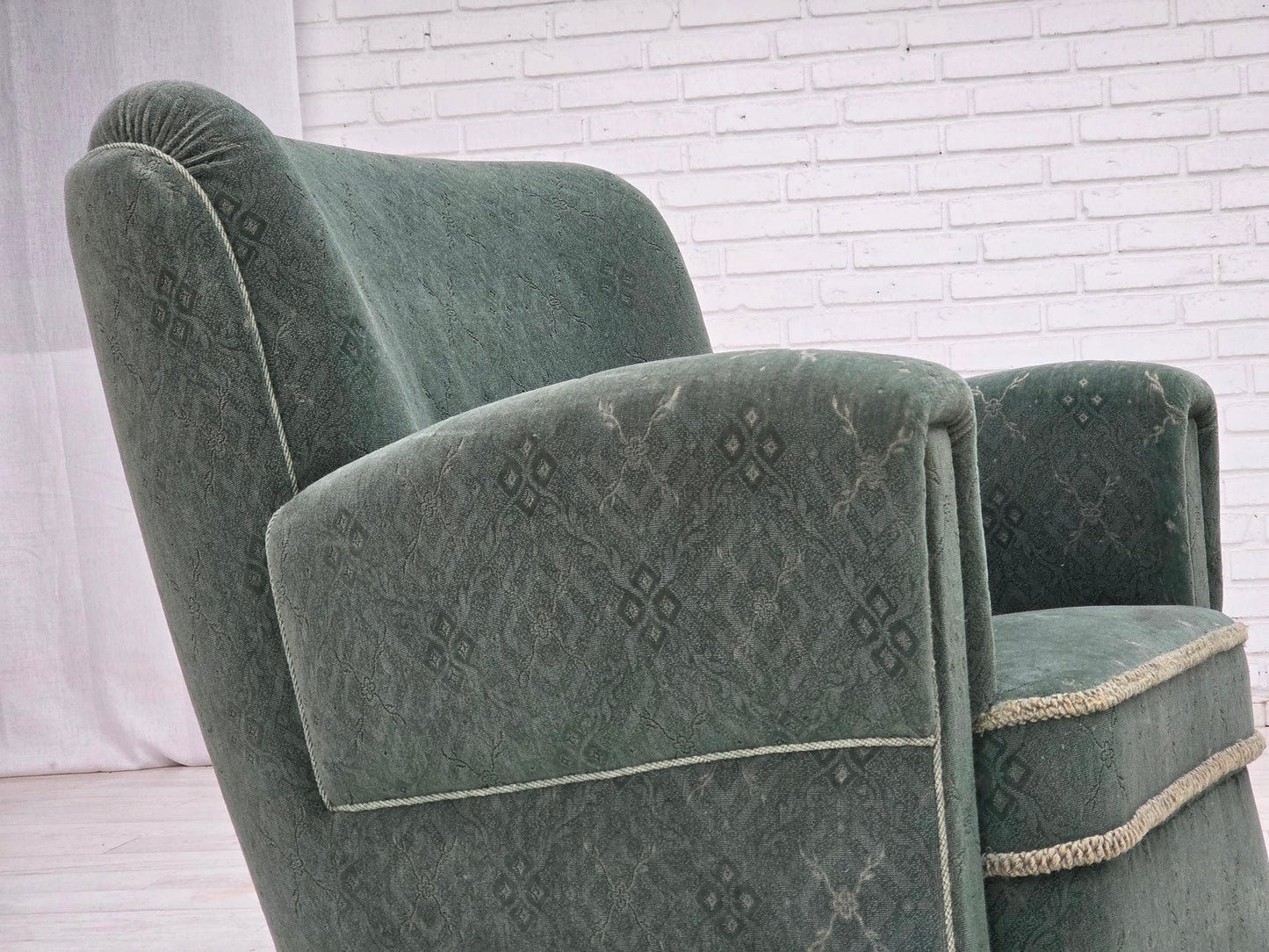 1960s, Danish armchair, light green furniture wool, oak wood legs.