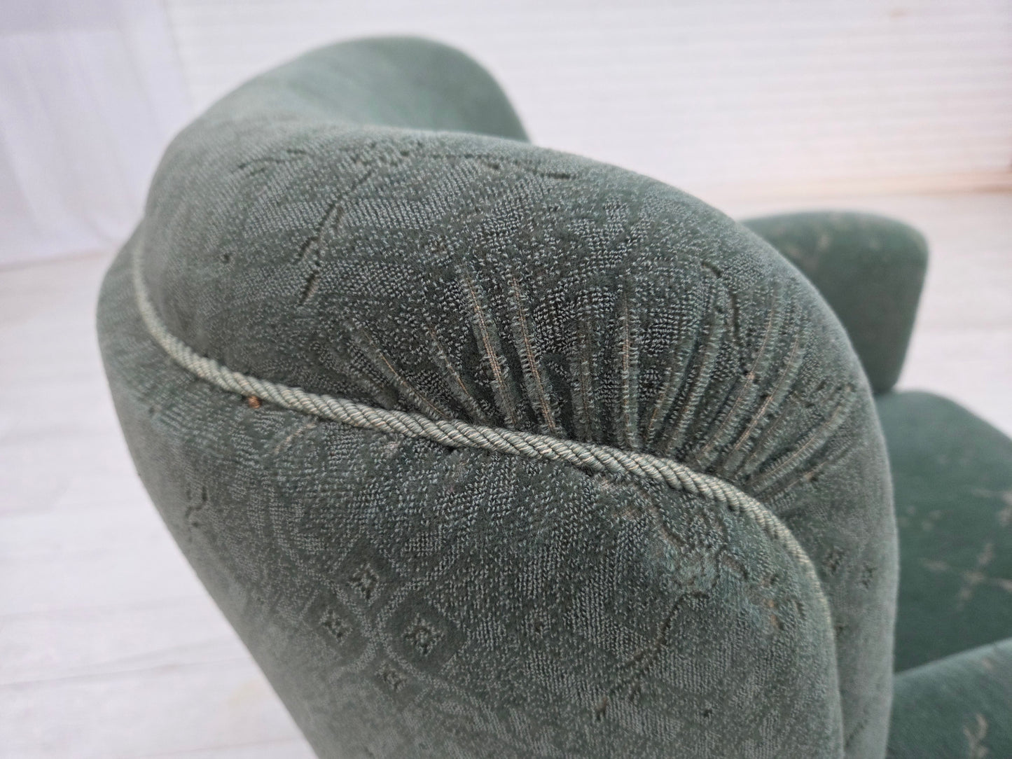 1960s, Danish armchair, light green furniture wool, oak wood legs.