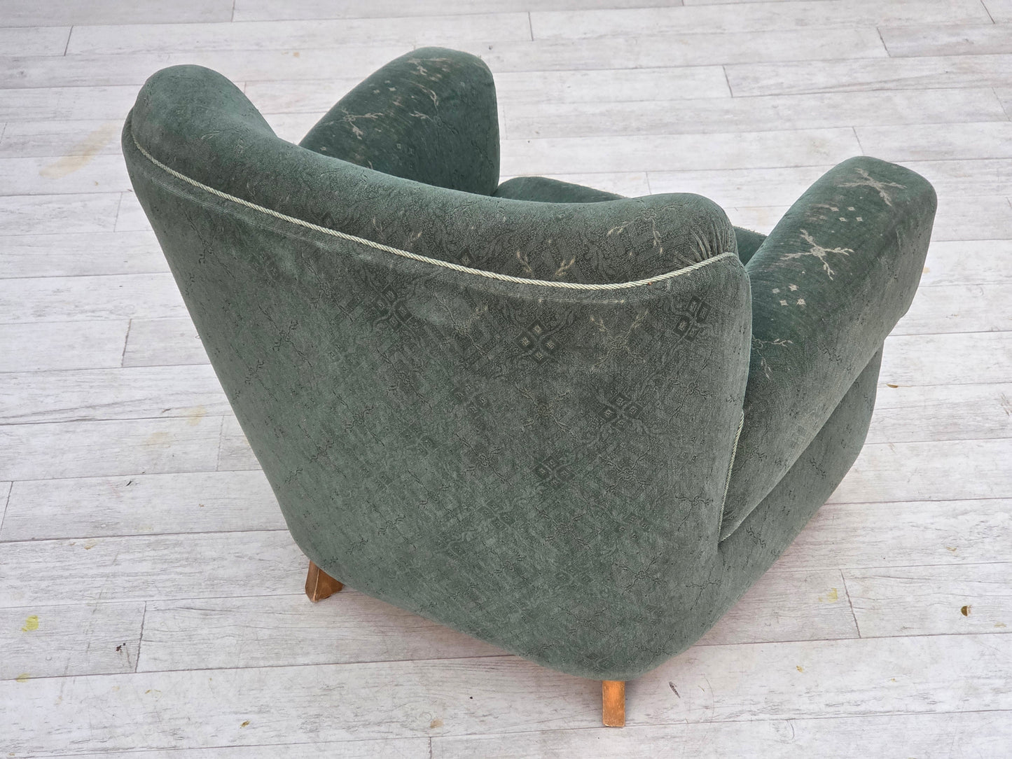 1960s, Danish armchair, light green furniture wool, oak wood legs.