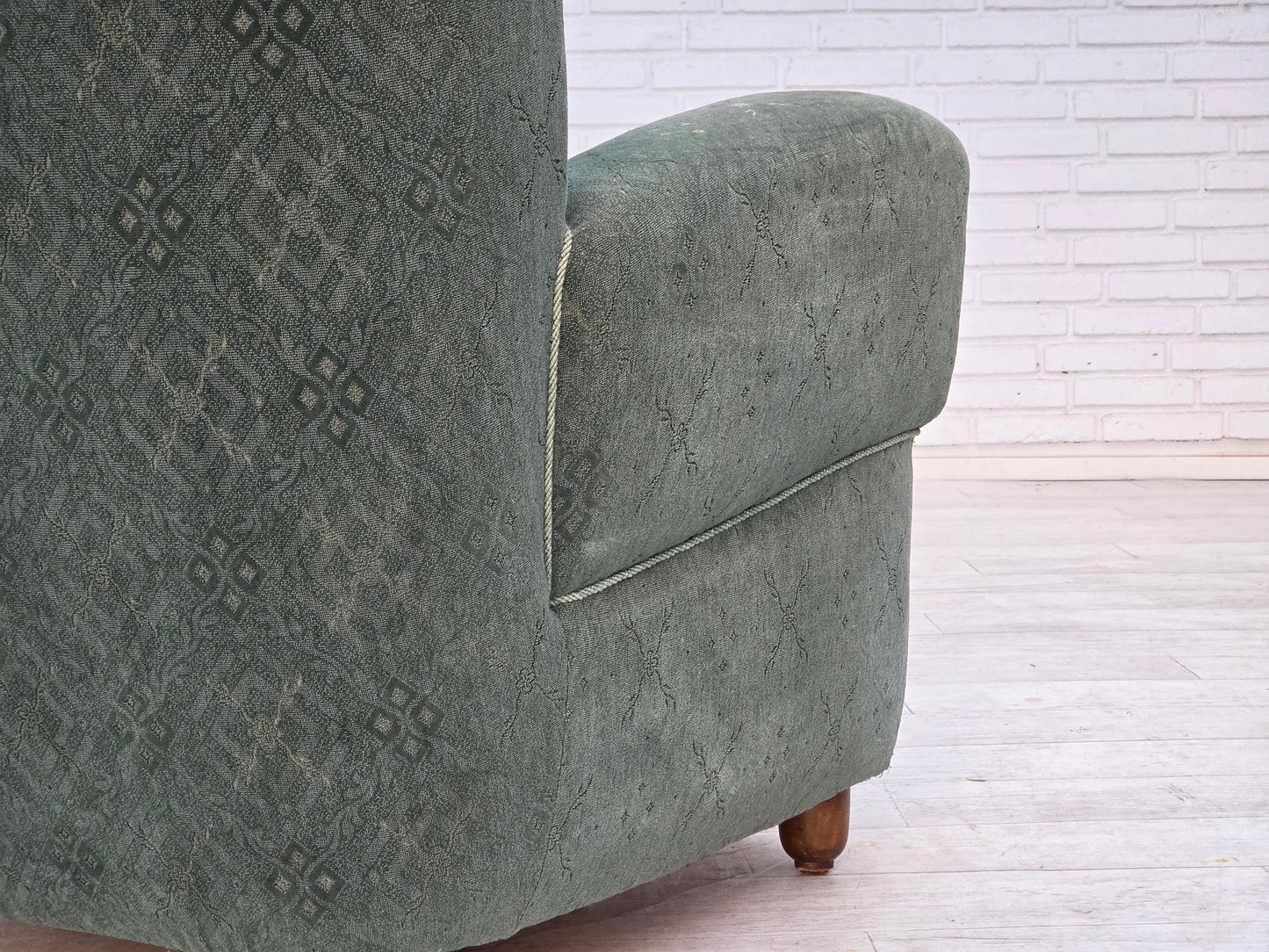 1960s, Danish armchair, light green furniture wool, oak wood legs.