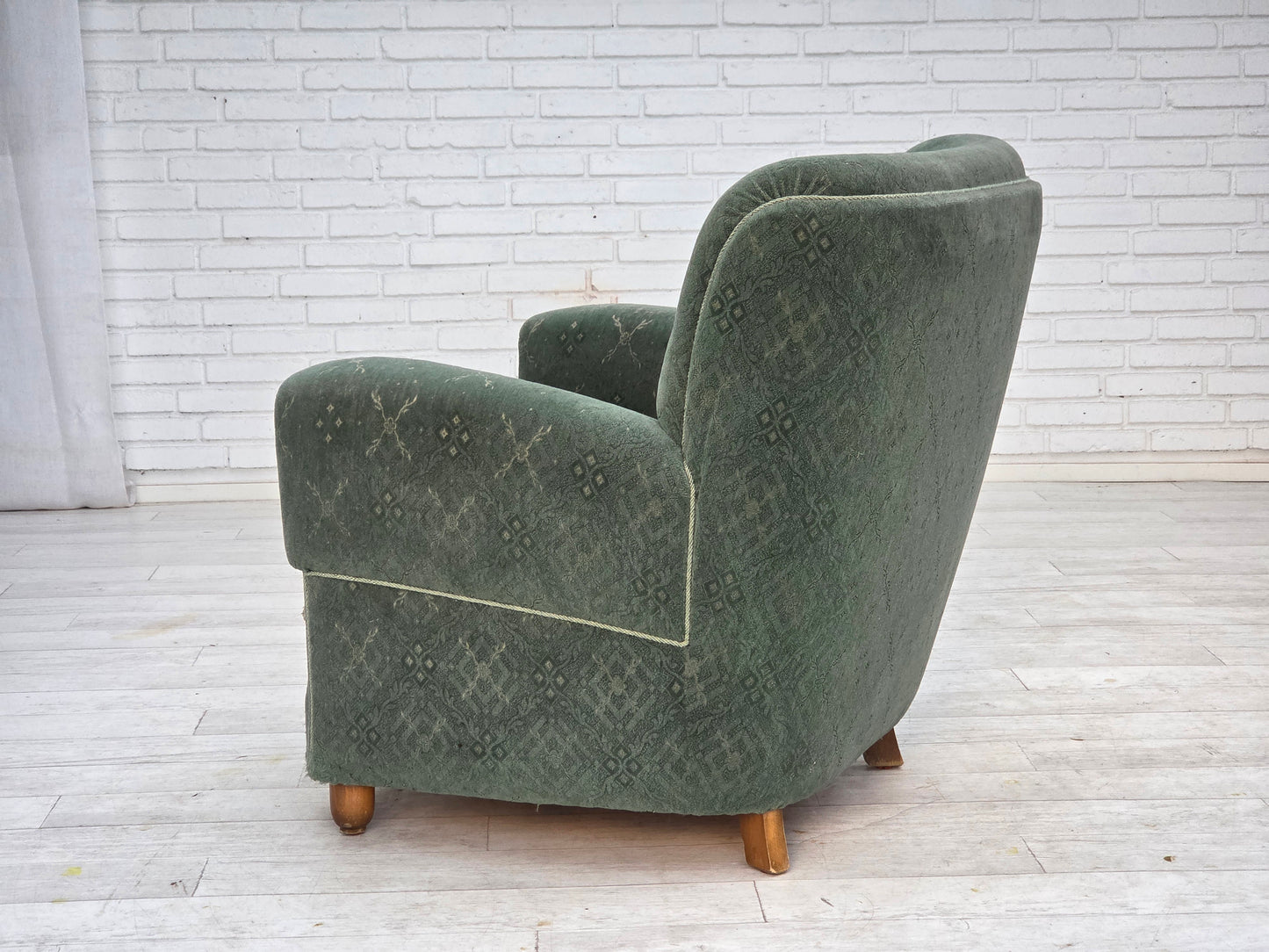 1960s, Danish armchair, light green furniture wool, oak wood legs.