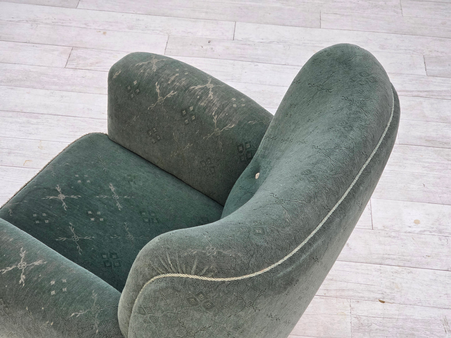 1960s, Danish armchair, light green furniture wool, oak wood legs.