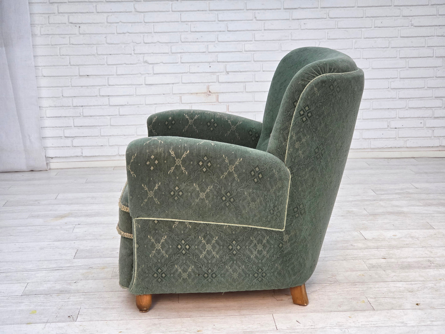 1960s, Danish armchair, light green furniture wool, oak wood legs.