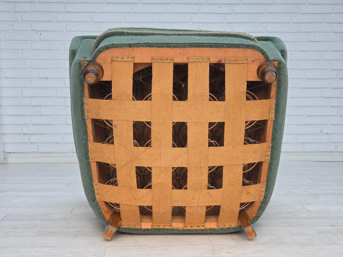 1960s, Danish armchair, light green furniture wool, oak wood legs.