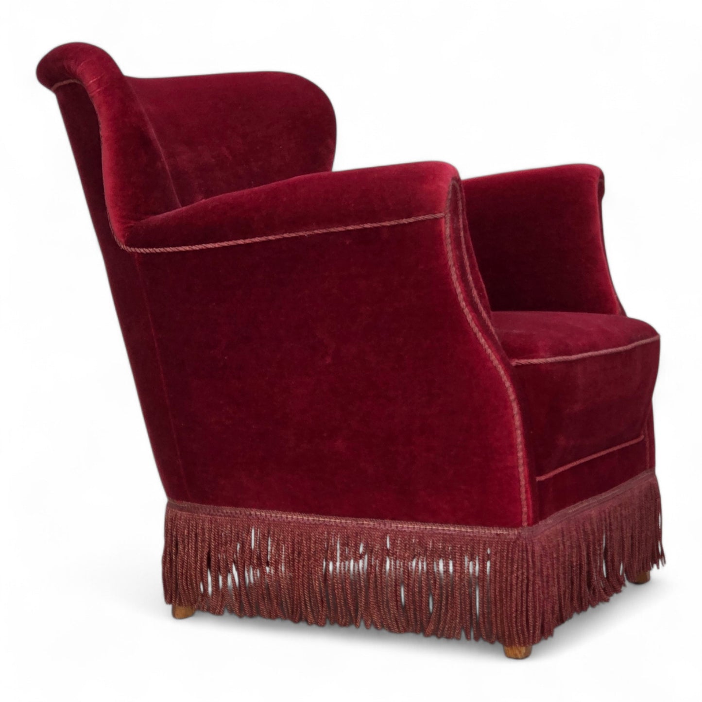 1970s, Danish armchair, cherry-red furniture velour, oak wood legs.