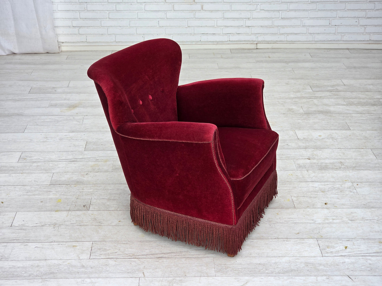 1970s, Danish armchair, cherry-red furniture velour, oak wood legs.