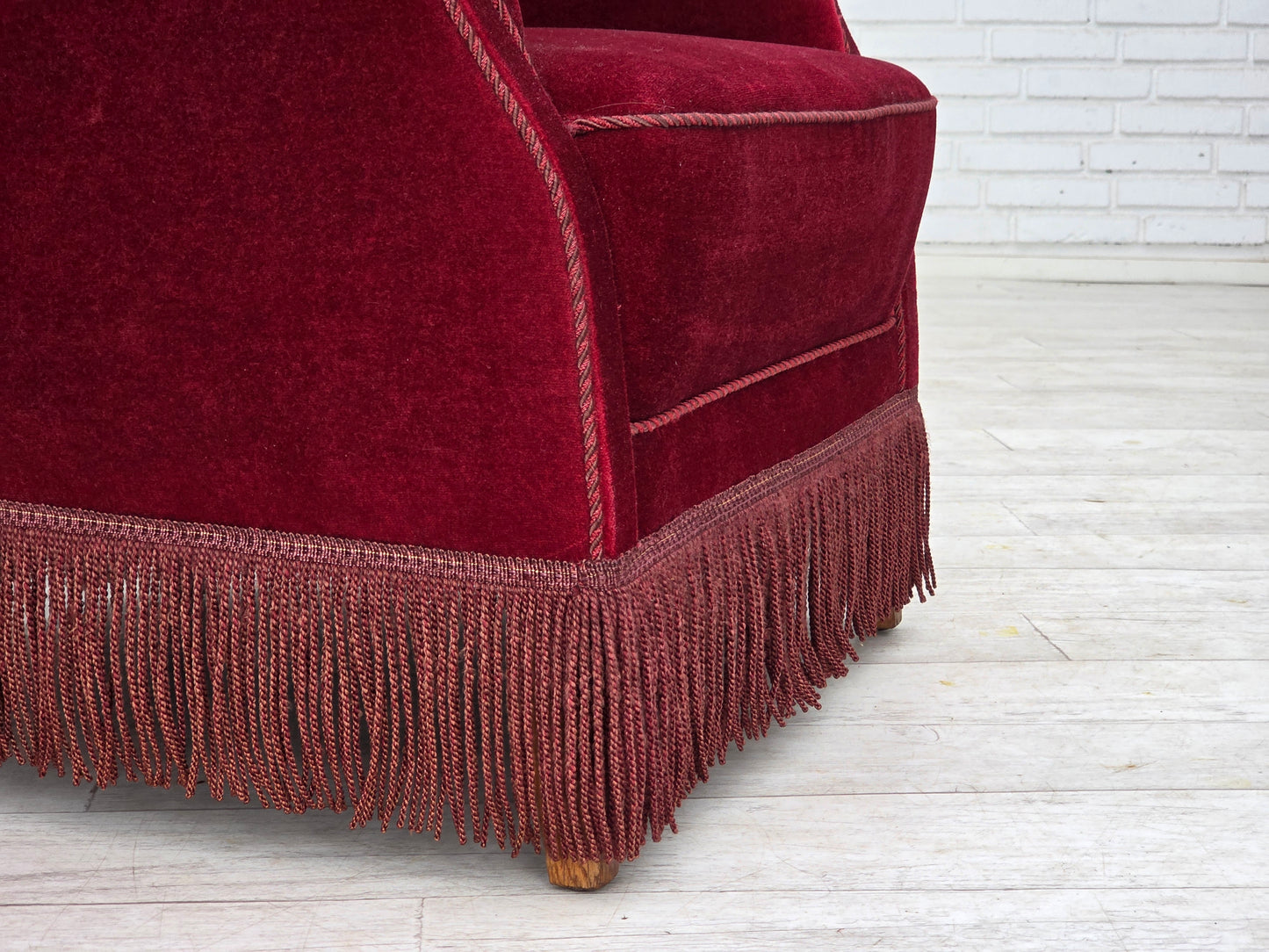 1970s, Danish armchair, cherry-red furniture velour, oak wood legs.