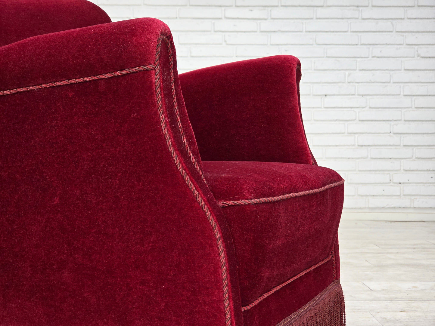 1970s, Danish armchair, cherry-red furniture velour, oak wood legs.