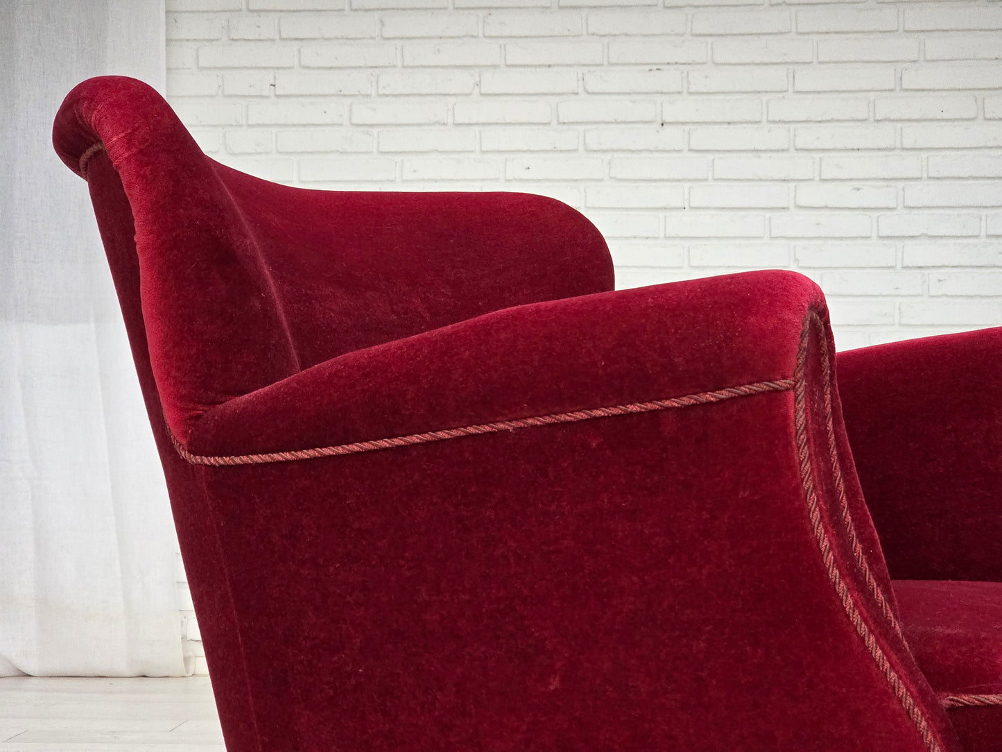 1970s, Danish armchair, cherry-red furniture velour, oak wood legs.