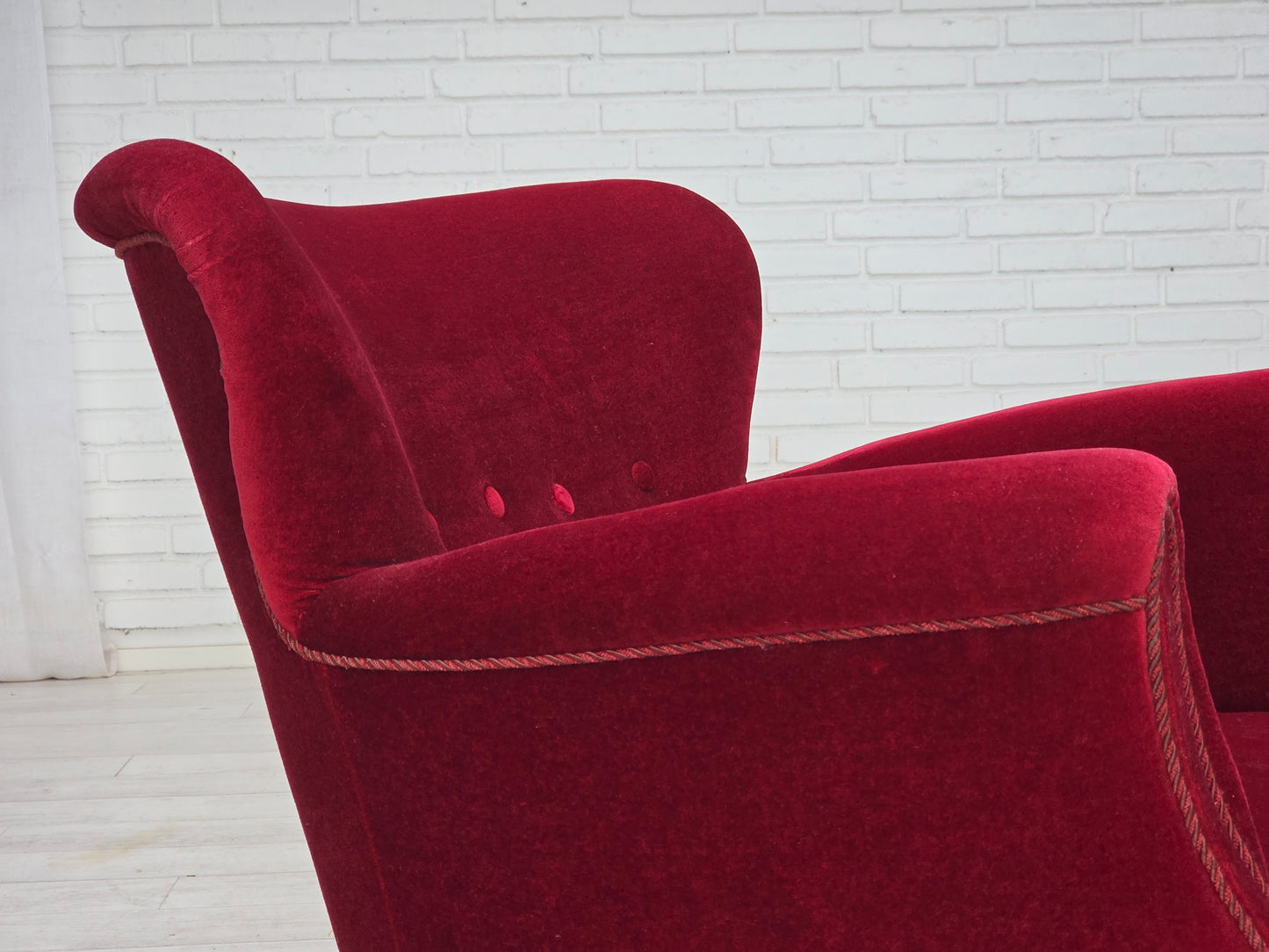1970s, Danish armchair, cherry-red furniture velour, oak wood legs.